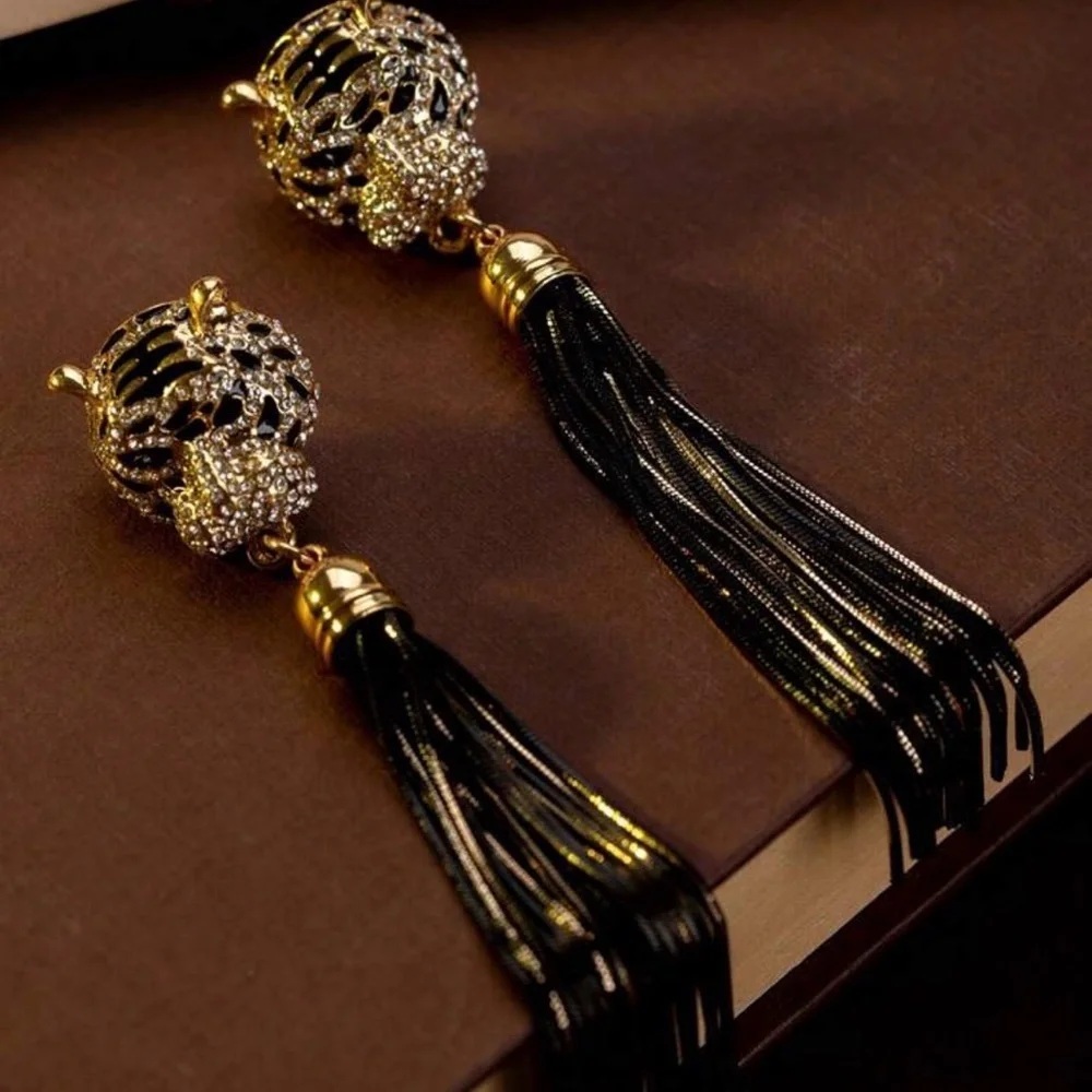 Gold Rhinestone Cheetah Leopard Earrings Long Tassel Fringe Sparkle Jewelry NEW